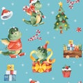 Watercolor Merry Christmas seamless background with candy,gift boxes,christmas tree,stars and cute dragons