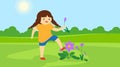 Little girl tramples on flowers in the garden. Vector illustration Royalty Free Stock Photo