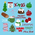 Hand drawn Christmas elements in crayon such as snowman, Xmas tree, lights and ornaments, marshmallow hot chocolate drink