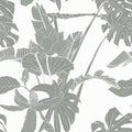 Tropical exotic floral line palm leaves and flowers seamless pattern