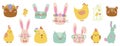 vector easter clipart hand drawn easter animals, isolated cute spring cartoon clipart set: easter bunny, cat, bear, deer, chicken,
