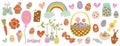 isolated vector easter elements, easter eggs, spring flowers, easter basket, carrot, chocolate bunny, rainbow, childish spring car