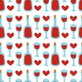 Seamless pattern with wine glass, bottle and heart. Red wine background. Vector flat illustration. Royalty Free Stock Photo