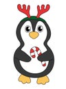 Cartoon Christmas and New Year Penguin character. Cute Penguin with candy cane and Deer Antler Headband. Vector flat illustration.