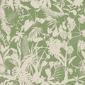 Seamless delicate pattern with tropical line silhouette flowers and leaves.