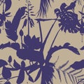 Seamless delicate pattern with tropical line silhouette flowers and leaves.