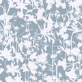 Seamless delicate pattern with spring tropical line silhouette flowers.