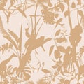 Seamless delicate pattern with tropical line silhouette flowers and wild animals.