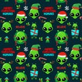 Merry Christmas humans - Cute green cartoon alien seamless pattern.