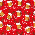 Funny beer mugs in Santa hat and deer antler,and ho ho ho text on red background. Royalty Free Stock Photo