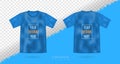 T-shirt 3d realistic mock up, male blue t-shirt vector template front back view. Blank apparel design for men