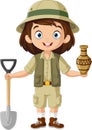 Cartoon archaeologist girl on white background Royalty Free Stock Photo