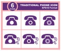 Set of vintage phone icons in flat design style. 6 traditional phone icon symbol. Telephone icon set on white background. Royalty Free Stock Photo