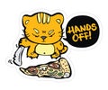 Sticker design with angry red cat protecting his slice of pizza with big knife