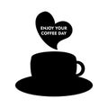 Coffee design over white background, vector illustration. Silhouette of a cup with a heart-shaped puff of smoke Royalty Free Stock Photo