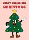 Merry and Bright Christmas Groovy Card. Christmas tree in retro cartoon style. Vector flat.