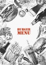 Burger Menu. Hand-drawn illustration of dishes and products. Ink. Vector Royalty Free Stock Photo