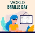 illustration vector graphic of blind woman wearing sunglasses is reading with braille alphabet