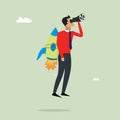 Flying business man character with jetpack, looking career or new idea vector illustration Royalty Free Stock Photo