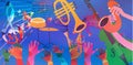 Music background with colorful musical notes staff and hands vector illustration design Royalty Free Stock Photo