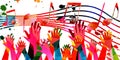 Music background with colorful musical notes staff and hands vector illustration design Royalty Free Stock Photo