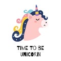 Time to be unicorn print for kids with a cute character. Poster with a magic horse