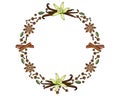 Round frame made of spices. Vanilla cardamom, cloves, cinnamon, star anise