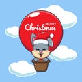 Cute rabbit fly with air balloon. Cute christmas cartoon character illustration.