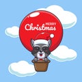 Cute raccoon fly with air balloon. Cute christmas cartoon character illustration.
