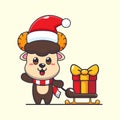 Cute ram sheep carrying christmas gift box. Cute christmas cartoon character illustration.