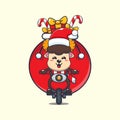 Cute ram sheep carrying christmas gift with motorcycle. Cute christmas cartoon character illustration.