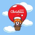 Cute red panda fly with air balloon. Cute christmas cartoon character illustration.