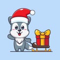 Cute wolf carrying christmas gift box. Cute christmas cartoon character illustration.