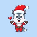 Cute wolf wearing santa costume. Cute christmas cartoon character illustration.