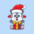 Cute wolf with christmas gift. Cute christmas cartoon character illustration.