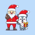 Cute wolf with santa claus. Cute christmas cartoon character illustration.