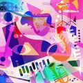 Multicolored hand-drawn jazz music session poster with piano, sax, guitar, trumpet and violoncello