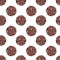 Seamless pattern with chocolates candies in form circle with pink icing. Sweet food background. Vector flat illustration.