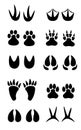 Set of different black animals and bird footprint. Silhouette imprint collection.