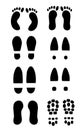 Set of different black foot print. Shoes and foots silhouette imprint collection.