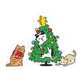Cat Christmas Tree Kitten Calico Santa Claus Hat Icon Vector Pet Cartoon Character