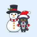 Cute panther playing with Snowman. Cute christmas cartoon character illustration. Royalty Free Stock Photo