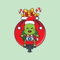 Cute turtle carrying christmas gift with motorcycle. Cute christmas cartoon character illustration. Royalty Free Stock Photo