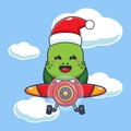 Cute turtle wearing santa hat flying with plane. Cute christmas cartoon character illustration. Royalty Free Stock Photo