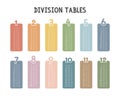 Simple division tables. Division table in colorful pastel boxes vector design. Minimalist style. Printable art for kids