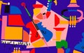 Multicolored hand-drawn jazz music session poster with piano, sax, guitar, trumpet and violoncello.