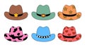 Set of retro Cowgirl hats different design. Cowboy western and wild west theme. Hand drawn isolated vector flat illustration. Royalty Free Stock Photo