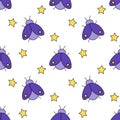 Seamless pattern with mystical bugs and stars. Celestial violet insects. Magic bohemian background. Vector Flat illustration.