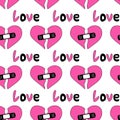 Seamless Pattern with hearts and text love in emo style. Y2k. Black and pink. Broken heart with patch. Vector flat illustration. Royalty Free Stock Photo