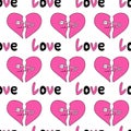 Seamless Pattern with hearts and text love in emo style. Y2k. Black and pink. Broken heart with pin. Vector flat illustration. Royalty Free Stock Photo